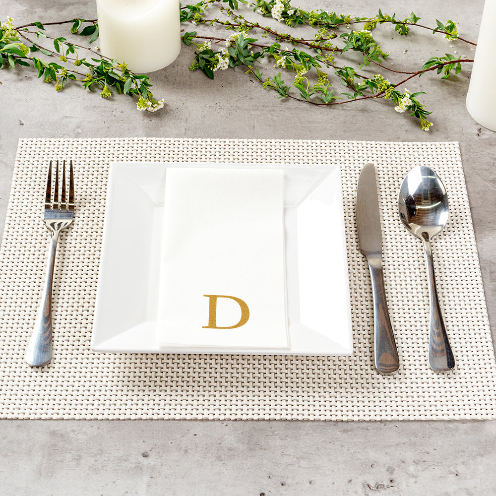 Luxenap Rectangle Gold Letter D White Paper Linen-Feel Guest Towel / Napkin - Air Laid, Sans Serif Font - 15 3/4" x 8" - 50 count box