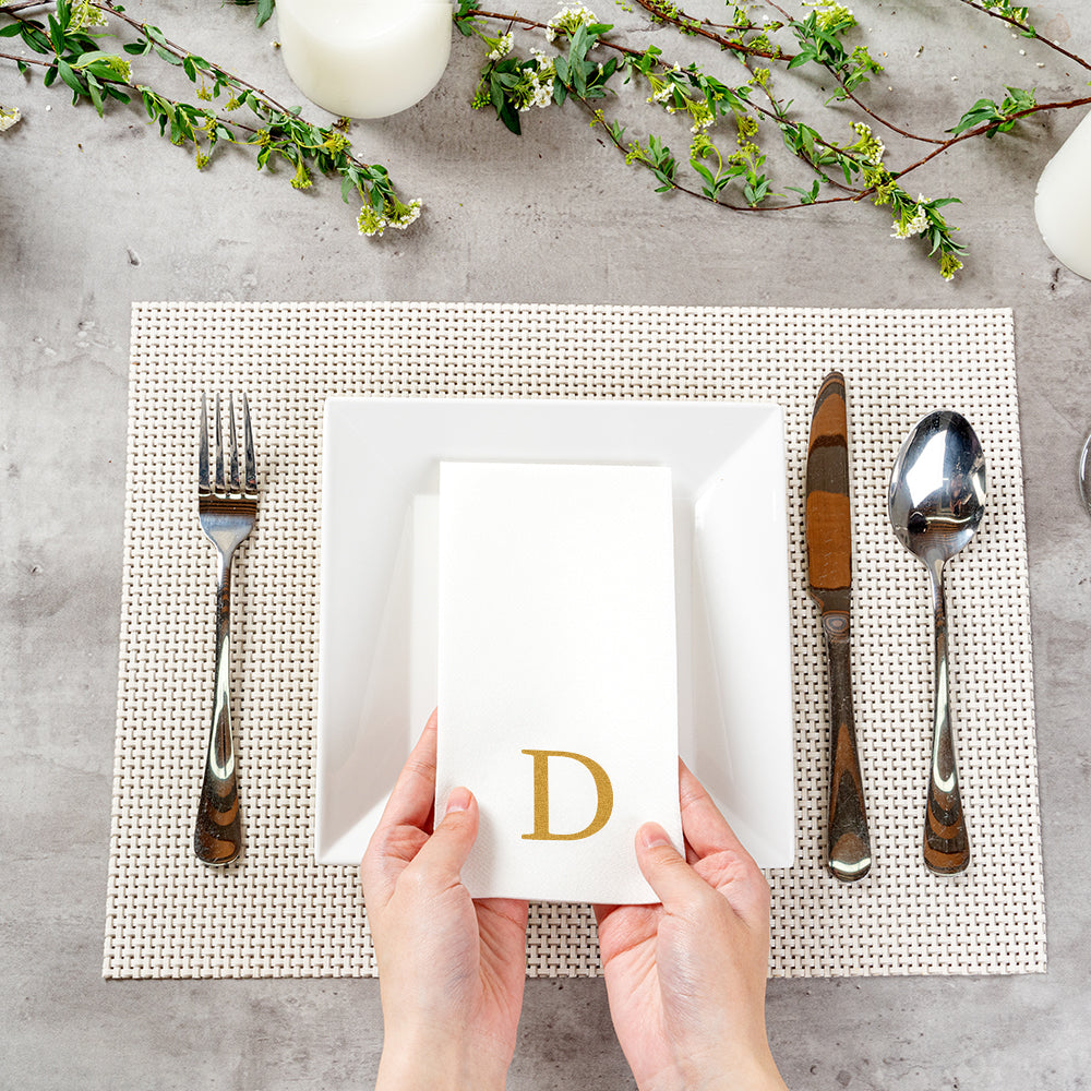 Luxenap Rectangle Gold Letter D White Paper Linen-Feel Guest Towel / Napkin - Air Laid, Sans Serif Font - 15 3/4" x 8" - 50 count box