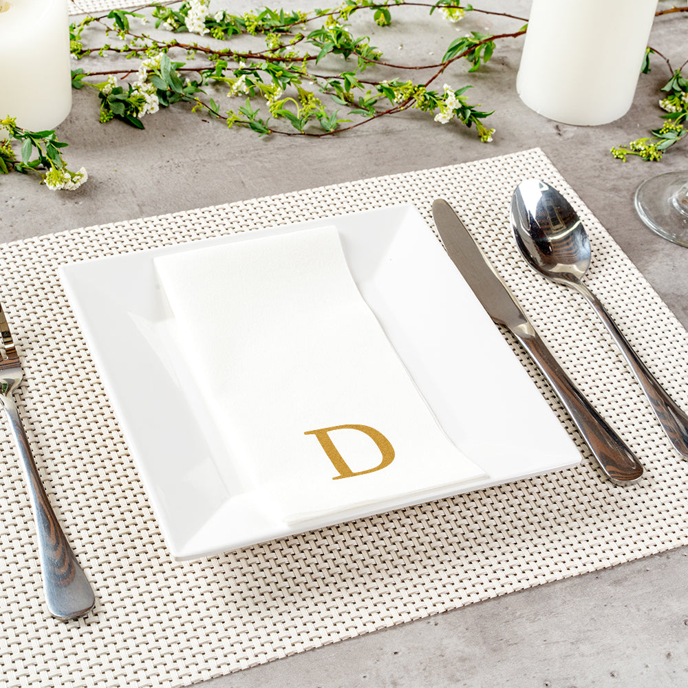 Luxenap Rectangle Gold Letter D White Paper Linen-Feel Guest Towel / Napkin - Air Laid, Sans Serif Font - 15 3/4" x 8" - 50 count box