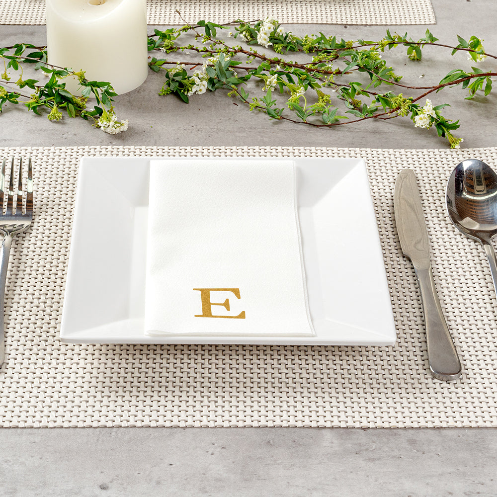 Luxenap Rectangle Gold Letter E White Paper Linen-Feel Guest Towel / Napkin - Air Laid, Sans Serif Font - 15 3/4" x 8" - 50 count box