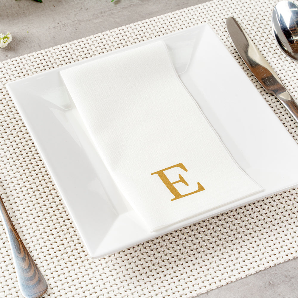Luxenap Rectangle Gold Letter E White Paper Linen-Feel Guest Towel / Napkin - Air Laid, Sans Serif Font - 15 3/4" x 8" - 2000 count box