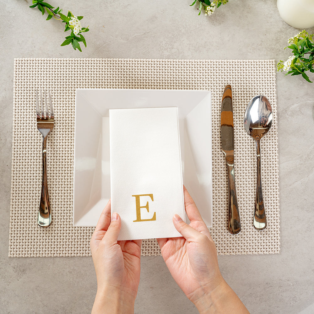 Luxenap Rectangle Gold Letter E White Paper Linen-Feel Guest Towel / Napkin - Air Laid, Sans Serif Font - 15 3/4" x 8" - 2000 count box
