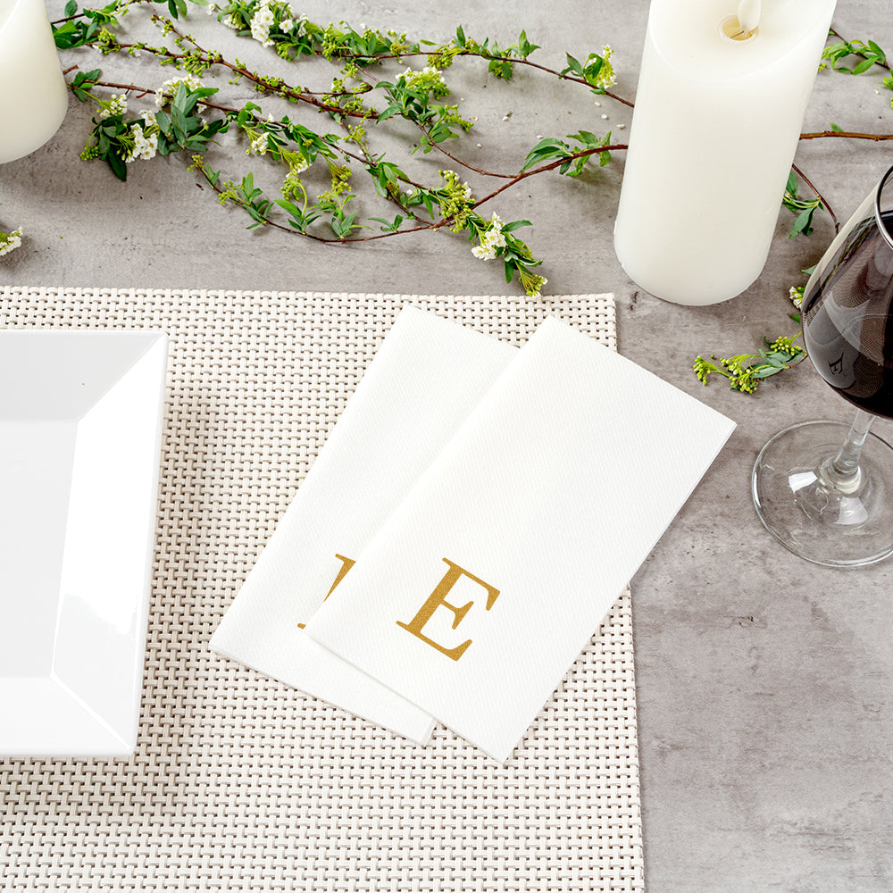 Luxenap Rectangle Gold Letter E White Paper Linen-Feel Guest Towel / Napkin - Air Laid, Sans Serif Font - 15 3/4" x 8" - 2000 count box