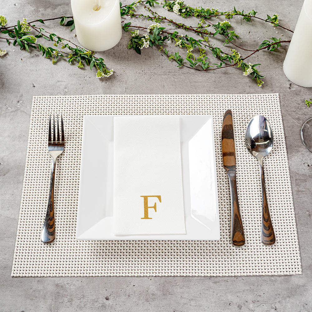 Luxenap Rectangle Gold Letter F White Paper Linen-Feel Guest Towel / Napkin - Air Laid, Sans Serif Font - 15 3/4" x 8" - 2000 count box