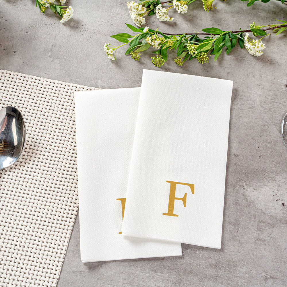 Luxenap Rectangle Gold Letter F White Paper Linen-Feel Guest Towel / Napkin - Air Laid, Sans Serif Font - 15 3/4" x 8" - 2000 count box