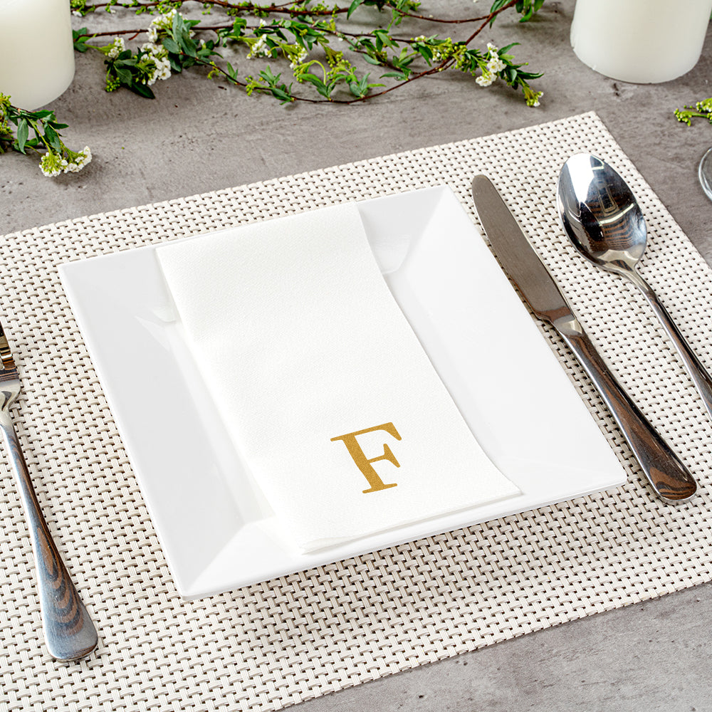 Luxenap Rectangle Gold Letter F White Paper Linen-Feel Guest Towel / Napkin - Air Laid, Sans Serif Font - 15 3/4" x 8" - 2000 count box