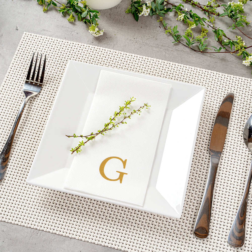 Luxenap Rectangle Gold Letter G White Paper Linen-Feel Guest Towel / Napkin - Air Laid, Sans Serif Font - 15 3/4" x 8" - 50 count box