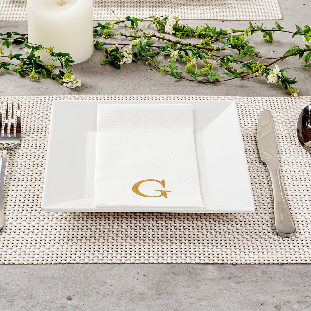 Luxenap Rectangle Gold Letter G White Paper Linen-Feel Guest Towel / Napkin - Air Laid, Sans Serif Font - 15 3/4" x 8" - 50 count box
