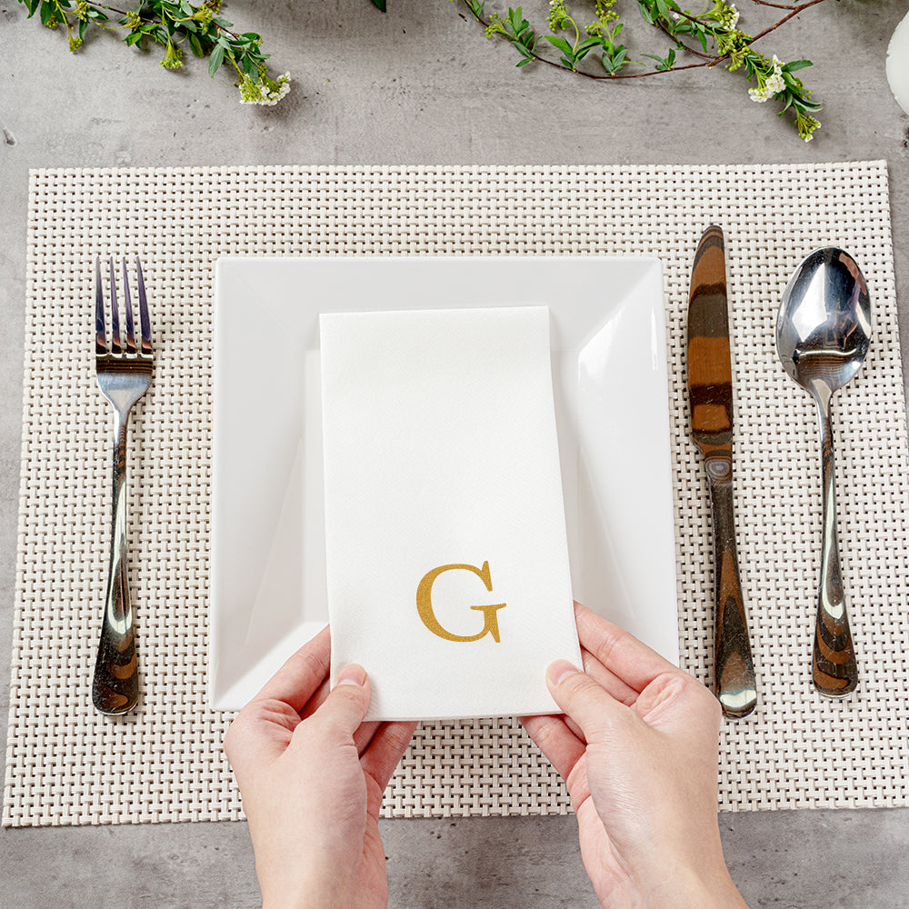 Luxenap Rectangle Gold Letter G White Paper Linen-Feel Guest Towel / Napkin - Air Laid, Sans Serif Font - 15 3/4" x 8" - 2000 count box