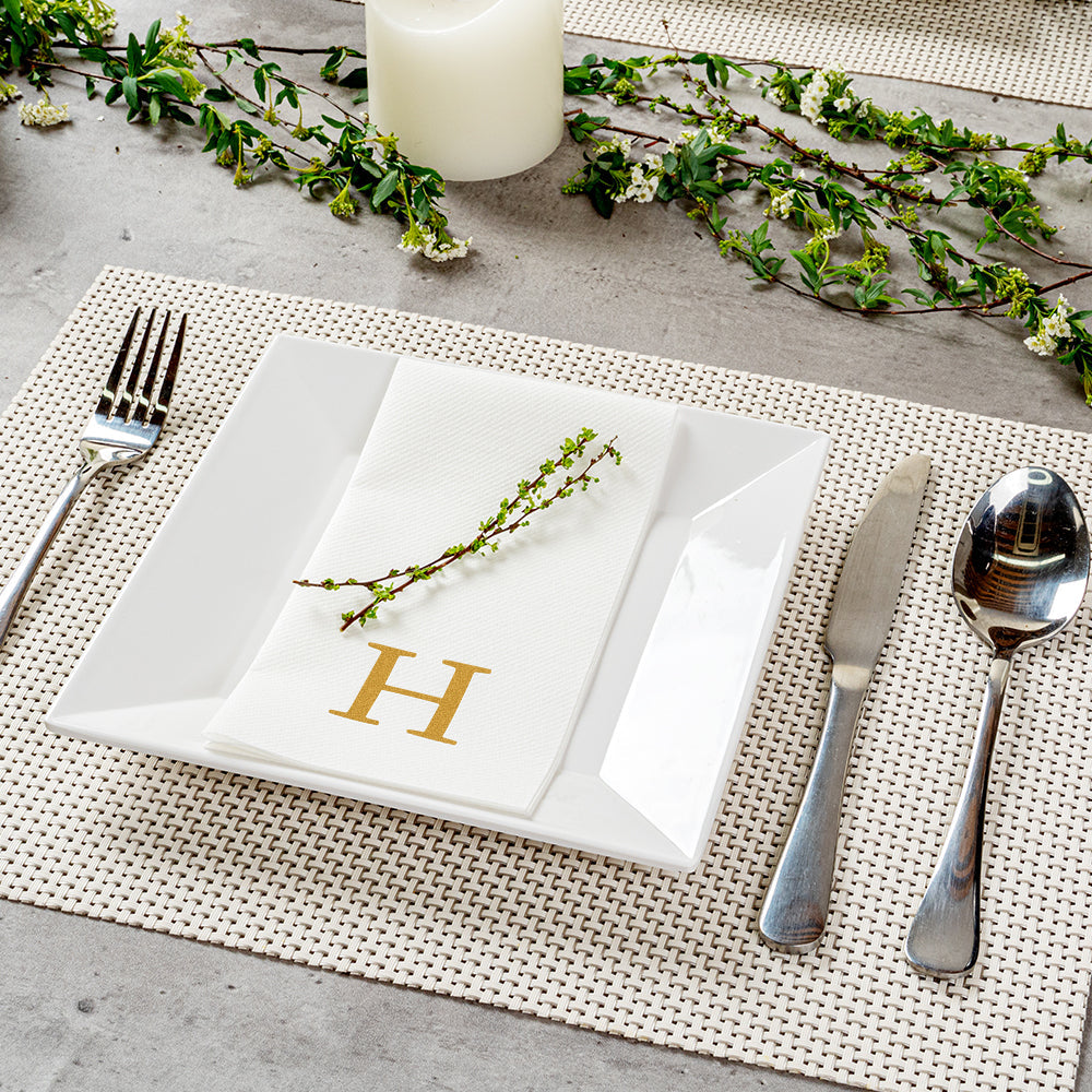Luxenap Rectangle Gold Letter H White Paper Linen-Feel Guest Towel / Napkin - Air Laid, Sans Serif Font - 15 3/4" x 8" - 2000 count box