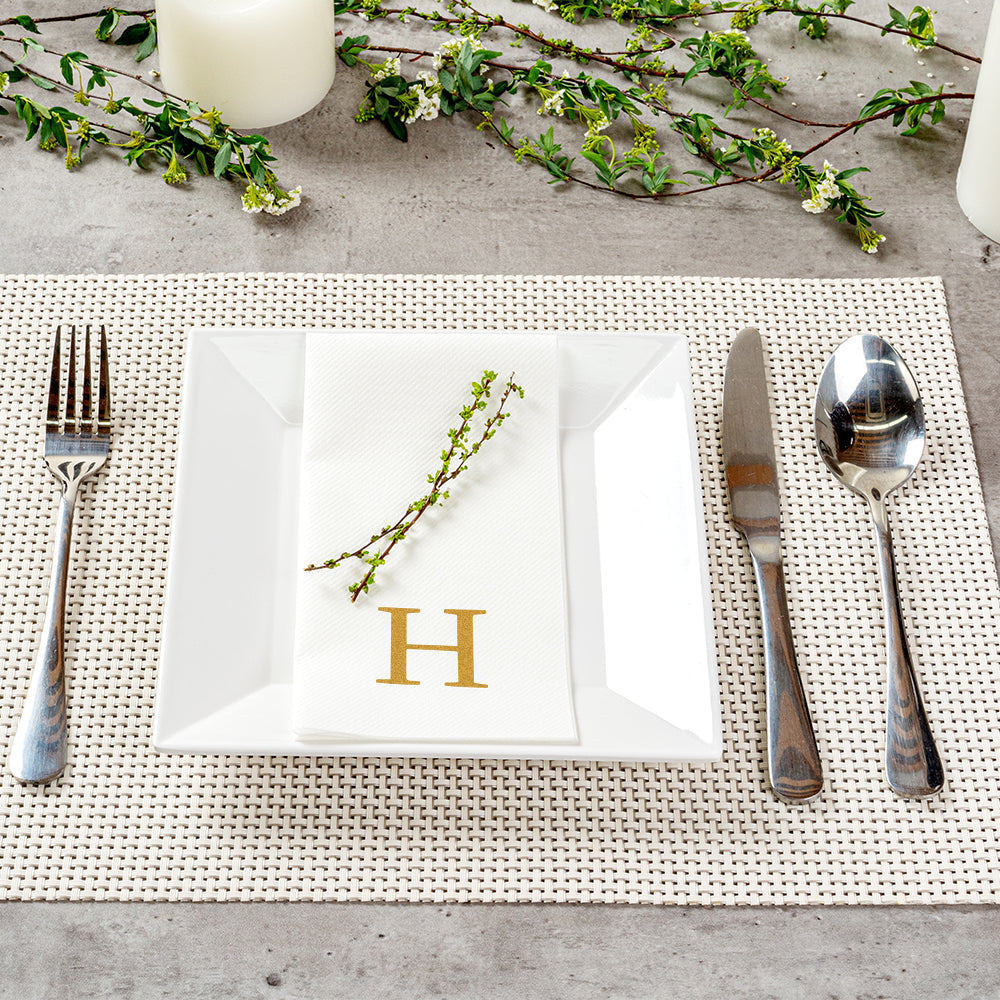Luxenap Rectangle Gold Letter H White Paper Linen-Feel Guest Towel / Napkin - Air Laid, Sans Serif Font - 15 3/4" x 8" - 50 count box