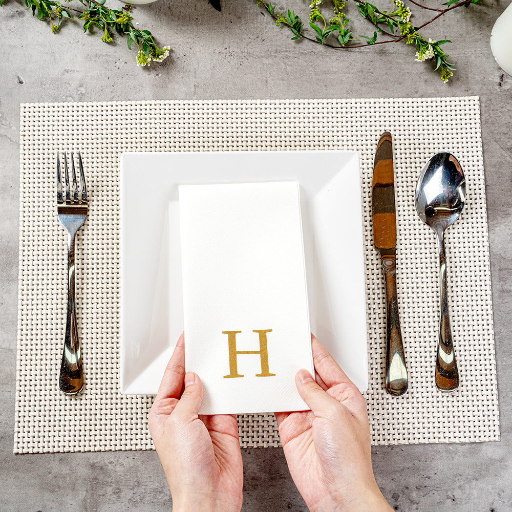 Luxenap Rectangle Gold Letter H White Paper Linen-Feel Guest Towel / Napkin - Air Laid, Sans Serif Font - 15 3/4" x 8" - 50 count box