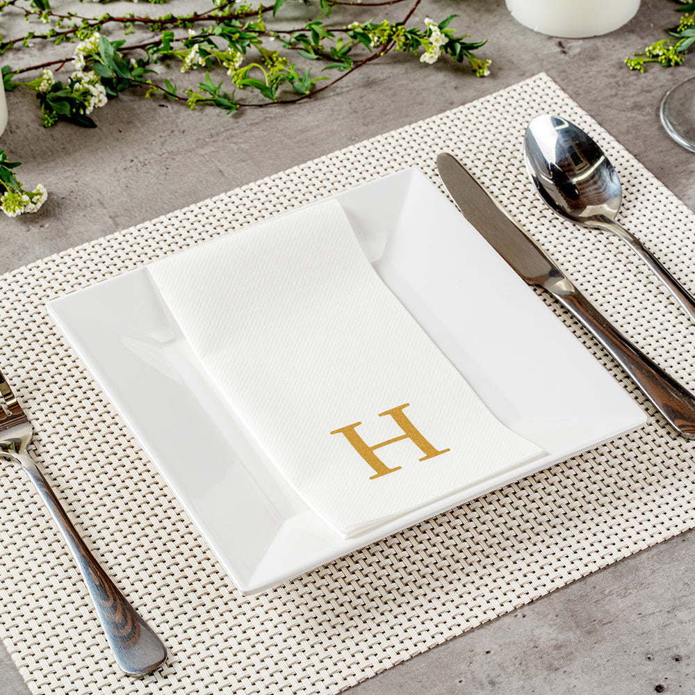 Luxenap Rectangle Gold Letter H White Paper Linen-Feel Guest Towel / Napkin - Air Laid, Sans Serif Font - 15 3/4" x 8" - 50 count box