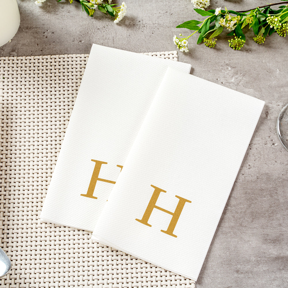 Luxenap Rectangle Gold Letter H White Paper Linen-Feel Guest Towel / Napkin - Air Laid, Sans Serif Font - 15 3/4" x 8" - 2000 count box