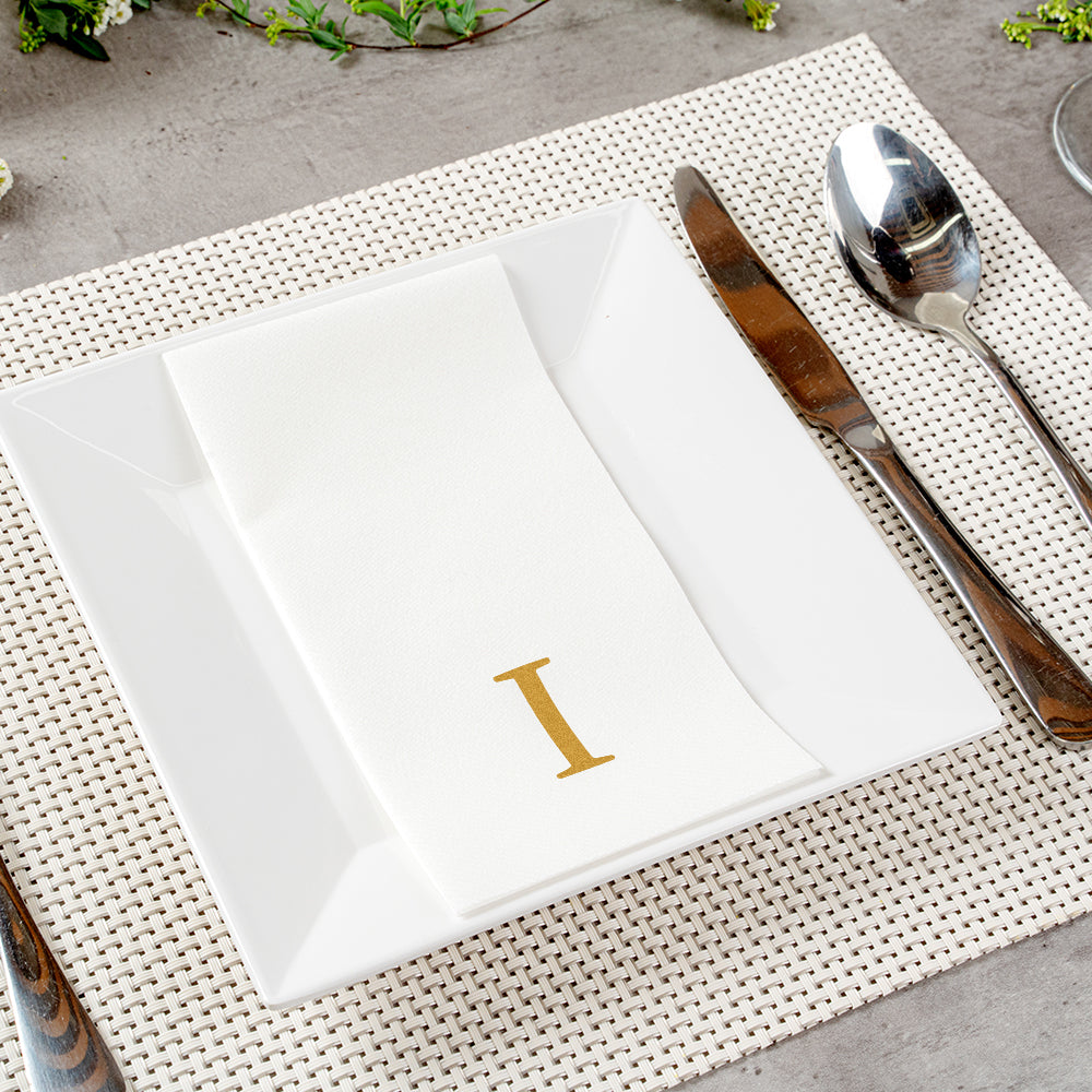 Luxenap Rectangle Gold Letter I White Paper Linen-Feel Guest Towel / Napkin - Air Laid, Sans Serif Font - 15 3/4" x 8" - 50 count box