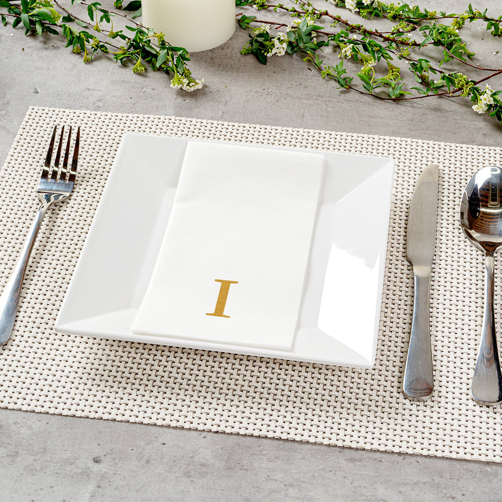 Luxenap Rectangle Gold Letter I White Paper Linen-Feel Guest Towel / Napkin - Air Laid, Sans Serif Font - 15 3/4" x 8" - 50 count box