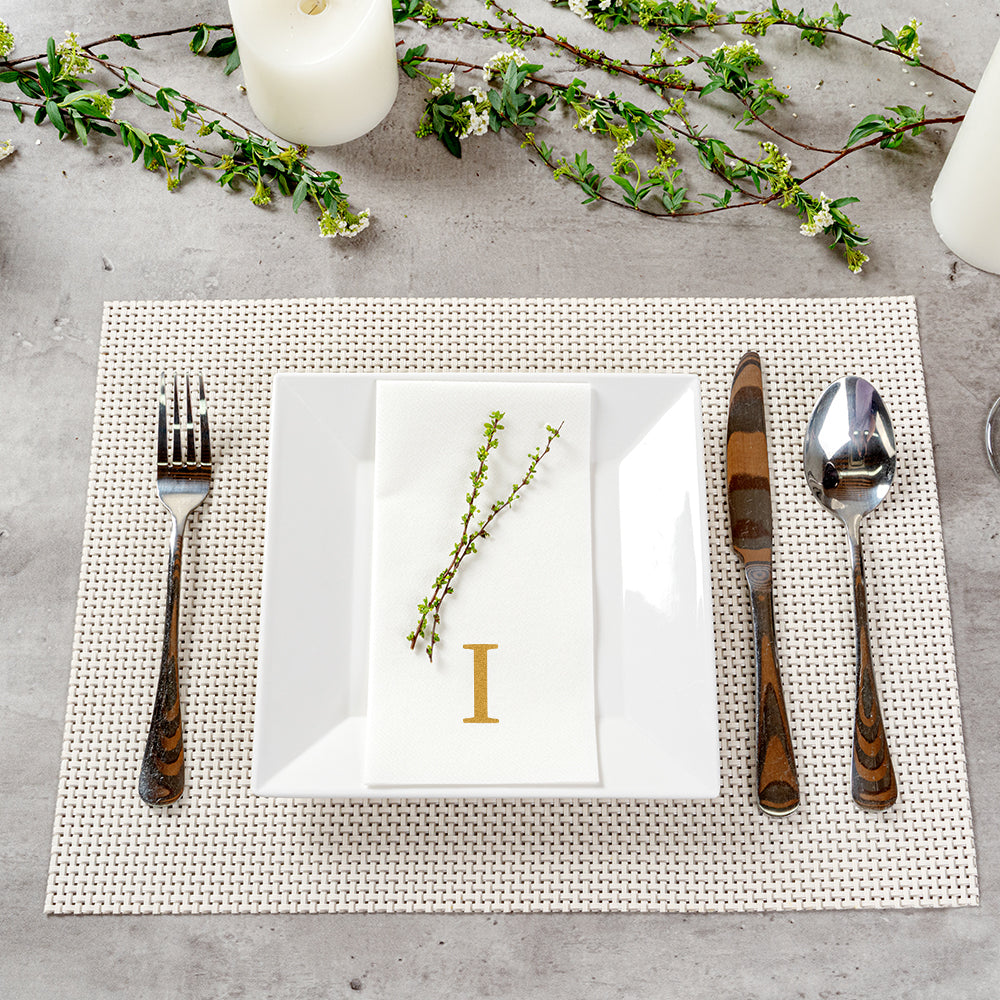 Luxenap Rectangle Gold Letter I White Paper Linen-Feel Guest Towel / Napkin - Air Laid, Sans Serif Font - 15 3/4" x 8" - 2000 count box