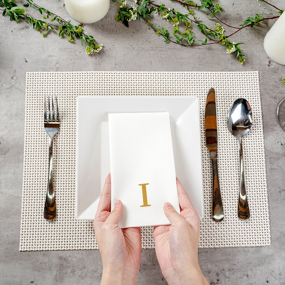 Luxenap Rectangle Gold Letter I White Paper Linen-Feel Guest Towel / Napkin - Air Laid, Sans Serif Font - 15 3/4" x 8" - 2000 count box