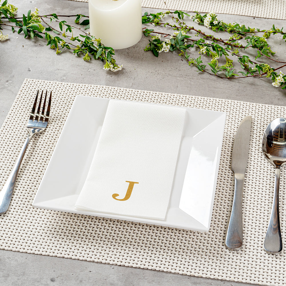 Luxenap Rectangle Gold Letter J White Paper Linen-Feel Guest Towel / Napkin - Air Laid, Sans Serif Font - 15 3/4" x 8" - 2000 count box