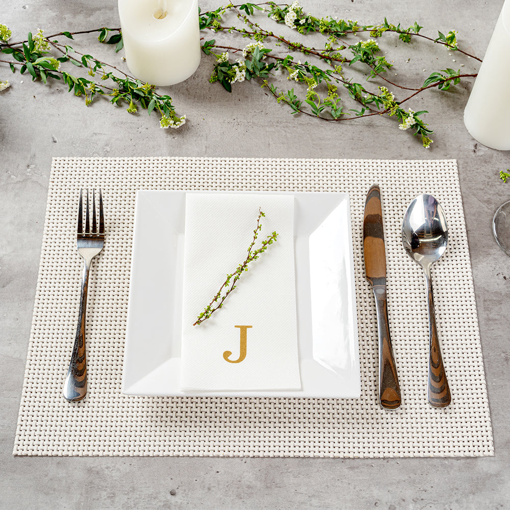 Luxenap Rectangle Gold Letter J White Paper Linen-Feel Guest Towel / Napkin - Air Laid, Sans Serif Font - 15 3/4" x 8" - 50 count box