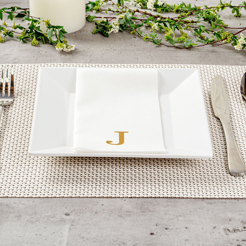 Luxenap Rectangle Gold Letter J White Paper Linen-Feel Guest Towel / Napkin - Air Laid, Sans Serif Font - 15 3/4" x 8" - 2000 count box