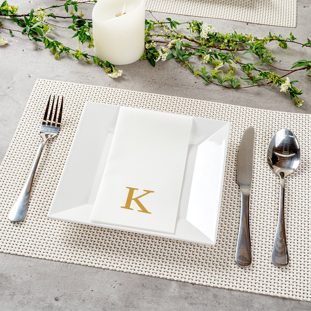 Luxenap Rectangle Gold Letter K White Paper Linen-Feel Guest Towel / Napkin - Air Laid, Sans Serif Font - 15 3/4" x 8" - 50 count box