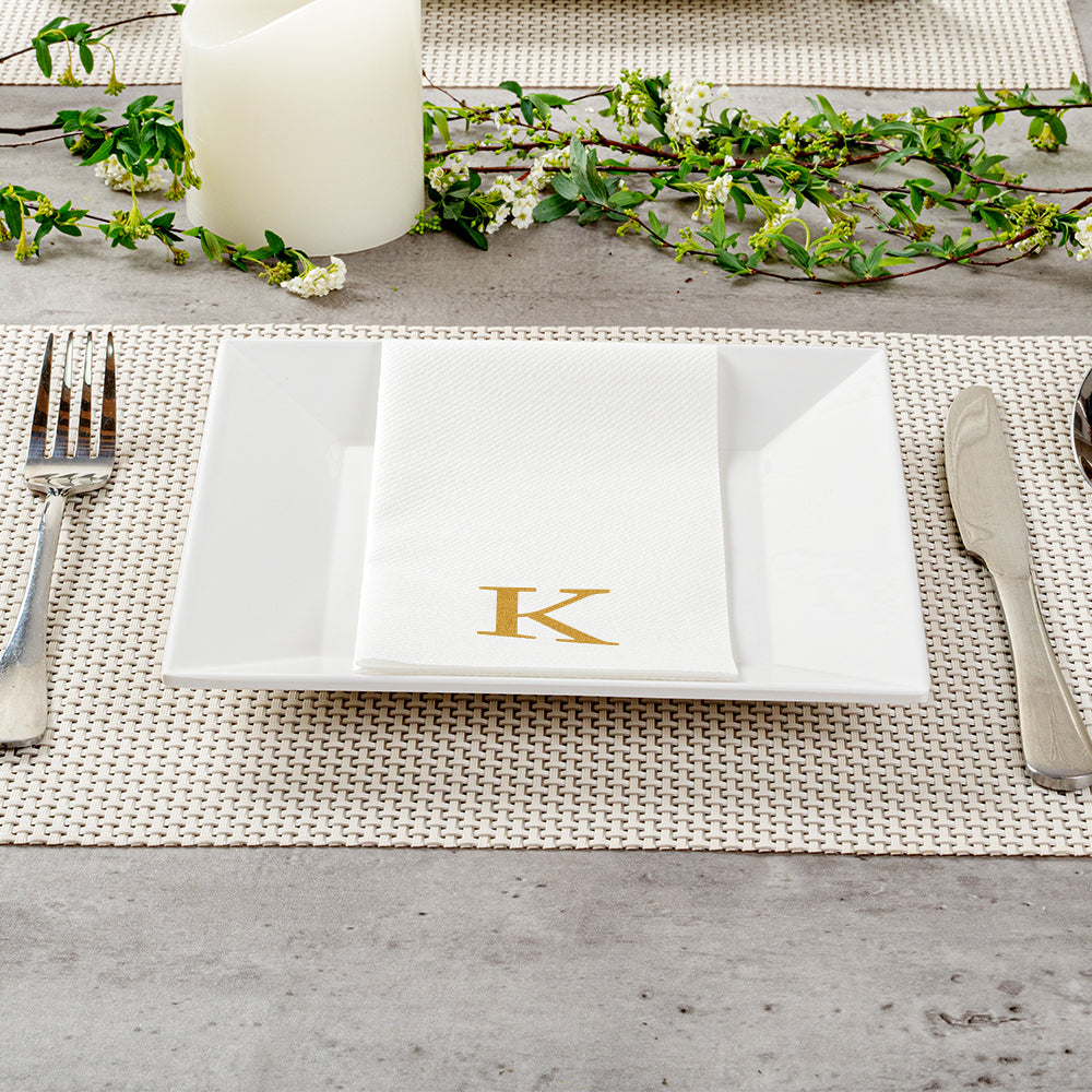 Luxenap Rectangle Gold Letter K White Paper Linen-Feel Guest Towel / Napkin - Air Laid, Sans Serif Font - 15 3/4" x 8" - 2000 count box