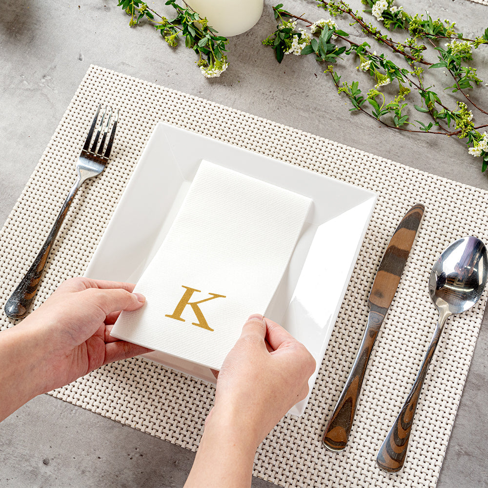 Luxenap Rectangle Gold Letter K White Paper Linen-Feel Guest Towel / Napkin - Air Laid, Sans Serif Font - 15 3/4" x 8" - 2000 count box