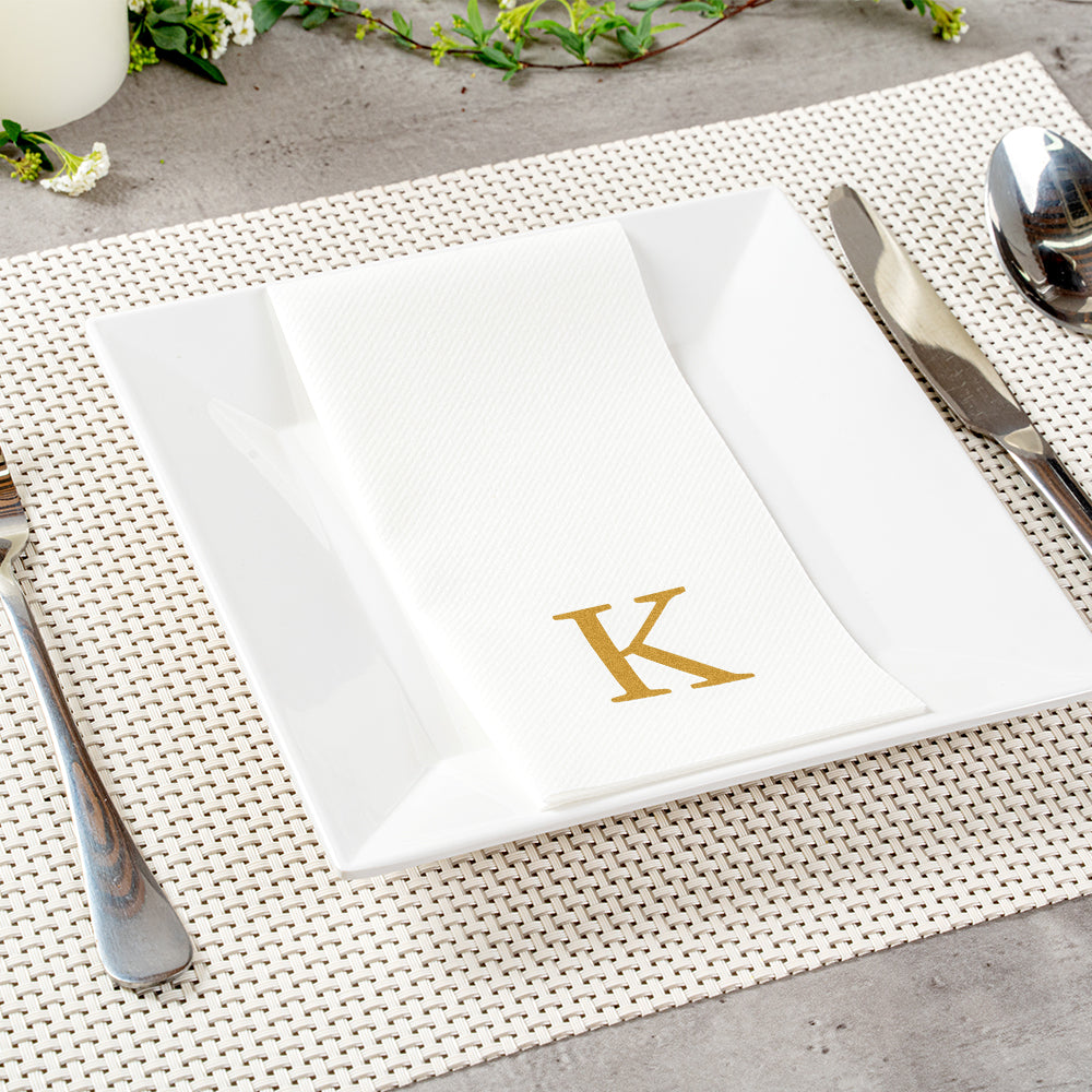 Luxenap Rectangle Gold Letter K White Paper Linen-Feel Guest Towel / Napkin - Air Laid, Sans Serif Font - 15 3/4" x 8" - 2000 count box