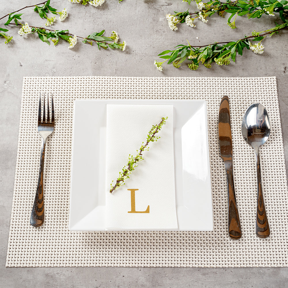 Luxenap Rectangle Gold Letter L White Paper Linen-Feel Guest Towel / Napkin - Air Laid, Sans Serif Font - 15 3/4" x 8" - 2000 count box
