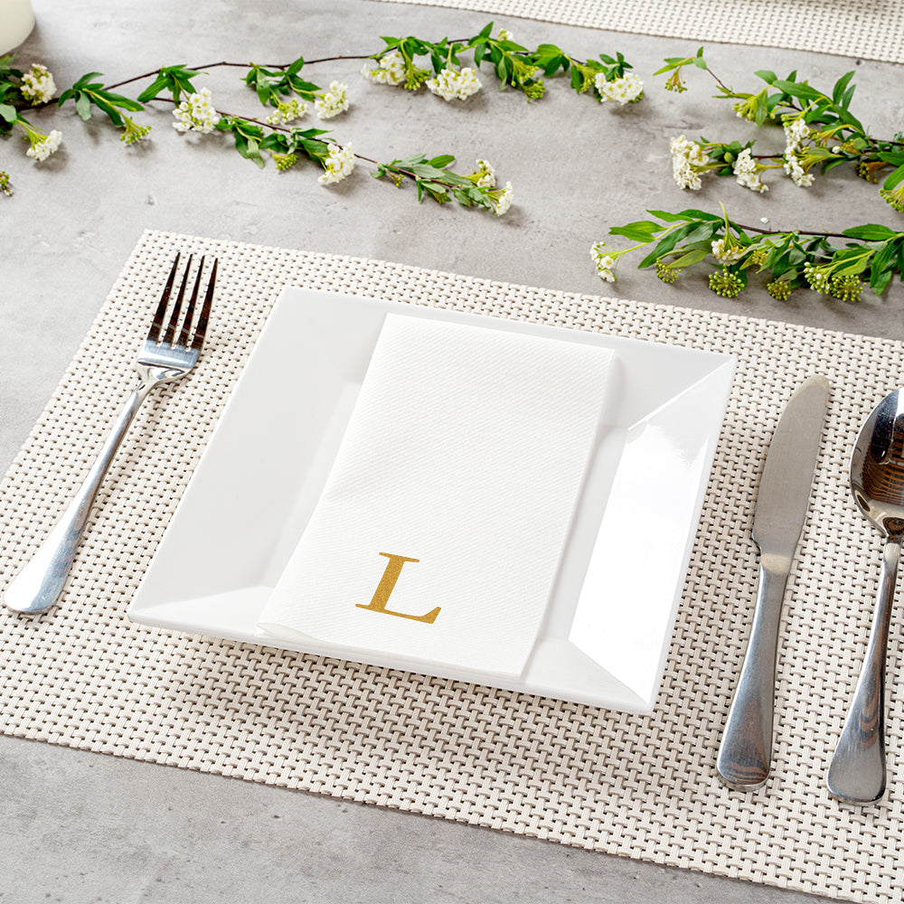 Luxenap Rectangle Gold Letter L White Paper Linen-Feel Guest Towel / Napkin - Air Laid, Sans Serif Font - 15 3/4" x 8" - 2000 count box