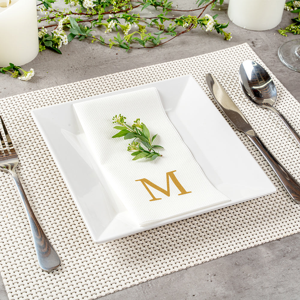 Luxenap Rectangle Gold Letter M White Paper Linen-Feel Guest Towel / Napkin - Air Laid, Sans Serif Font - 15 3/4" x 8" - 2000 count box