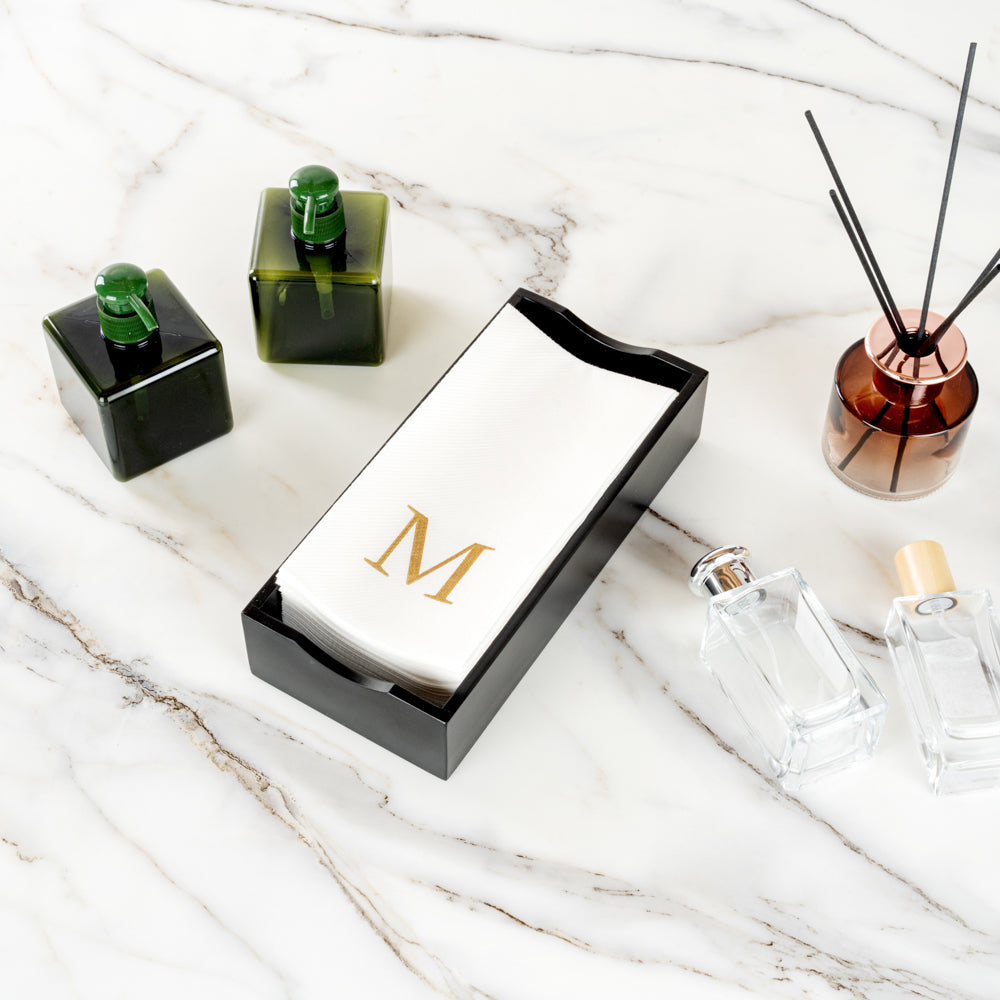 Luxenap Rectangle Gold Letter M White Paper Linen-Feel Guest Towel / Napkin - Air Laid, Sans Serif Font - 15 3/4" x 8" - 50 count box