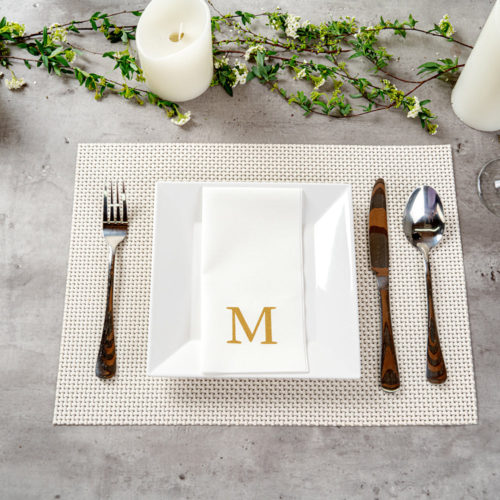 Luxenap Rectangle Gold Letter M White Paper Linen-Feel Guest Towel / Napkin - Air Laid, Sans Serif Font - 15 3/4" x 8" - 2000 count box