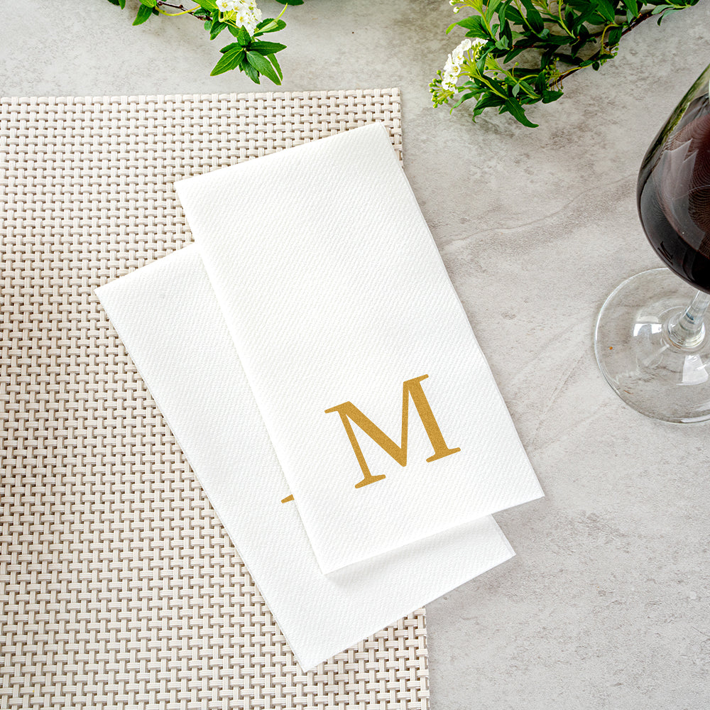 Luxenap Rectangle Gold Letter M White Paper Linen-Feel Guest Towel / Napkin - Air Laid, Sans Serif Font - 15 3/4" x 8" - 2000 count box