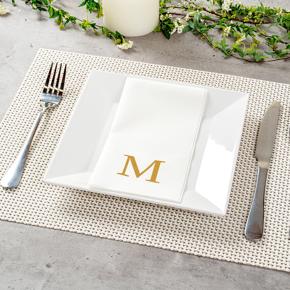 Luxenap Rectangle Gold Letter M White Paper Linen-Feel Guest Towel / Napkin - Air Laid, Sans Serif Font - 15 3/4" x 8" - 2000 count box