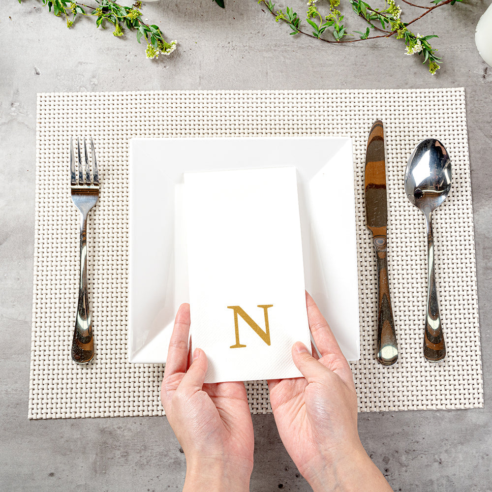 Luxenap Rectangle Gold Letter N White Paper Linen-Feel Guest Towel / Napkin - Air Laid, Sans Serif Font - 15 3/4" x 8" - 2000 count box