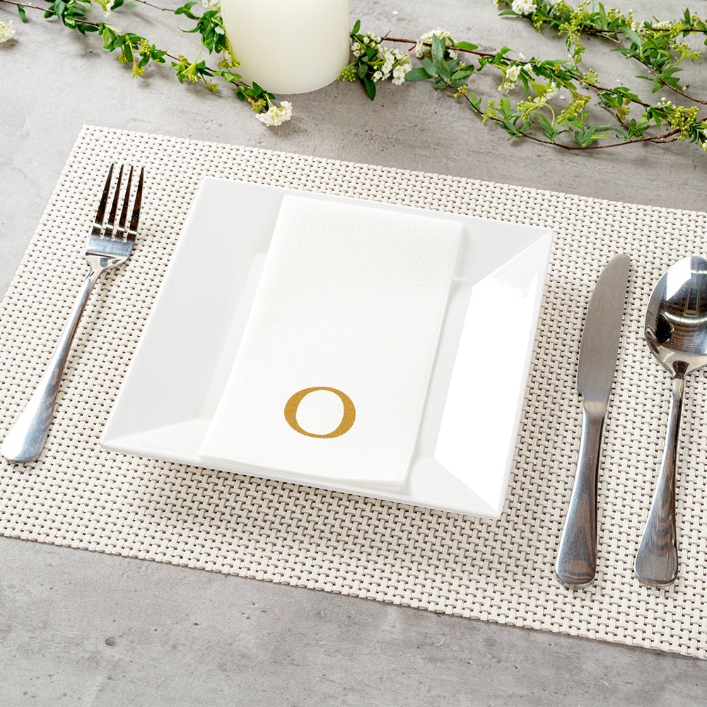 Luxenap Rectangle Gold Letter O White Paper Linen-Feel Guest Towel / Napkin - Air Laid, Sans Serif Font - 15 3/4" x 8" - 2000 count box