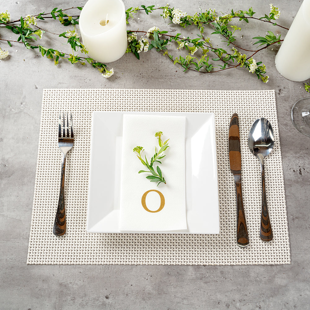 Luxenap Rectangle Gold Letter O White Paper Linen-Feel Guest Towel / Napkin - Air Laid, Sans Serif Font - 15 3/4" x 8" - 50 count box