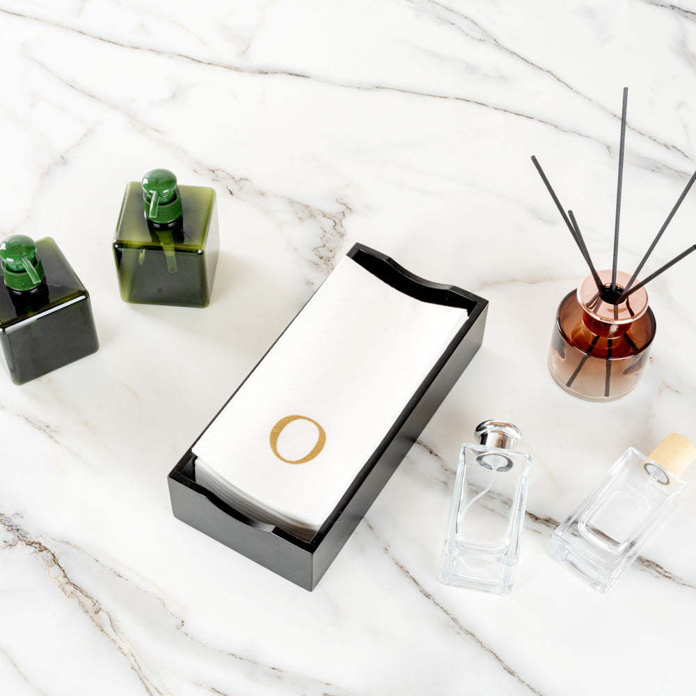Luxenap Rectangle Gold Letter O White Paper Linen-Feel Guest Towel / Napkin - Air Laid, Sans Serif Font - 15 3/4" x 8" - 50 count box