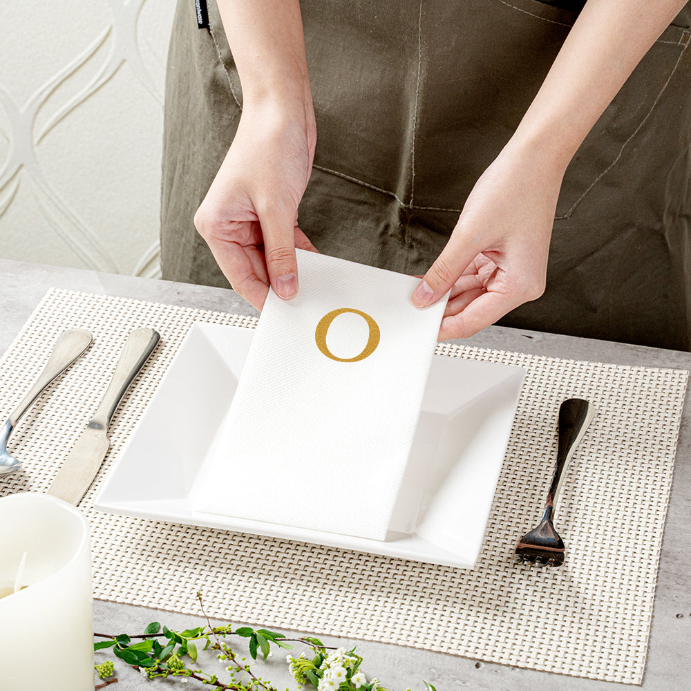 Luxenap Rectangle Gold Letter O White Paper Linen-Feel Guest Towel / Napkin - Air Laid, Sans Serif Font - 15 3/4" x 8" - 2000 count box