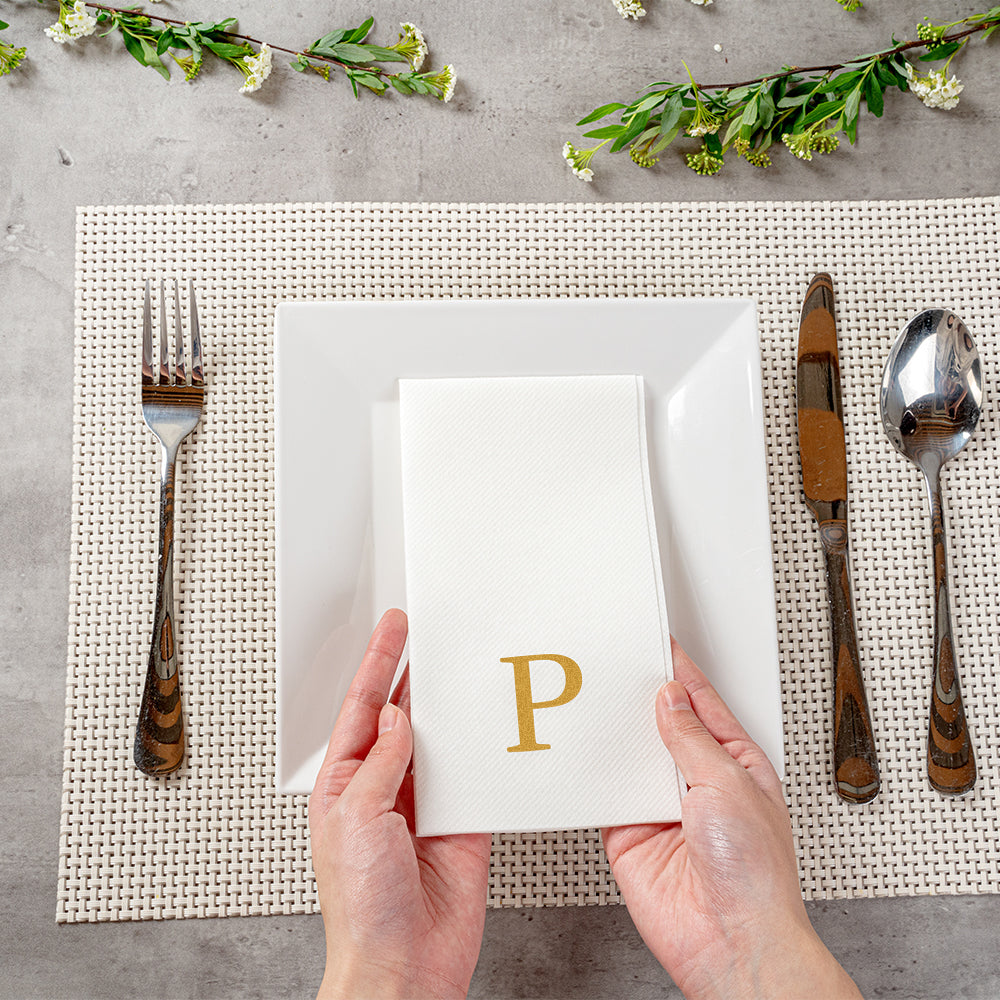 Luxenap Rectangle Gold Letter P White Paper Linen-Feel Guest Towel / Napkin - Air Laid, Sans Serif Font - 15 3/4" x 8" - 50 count box
