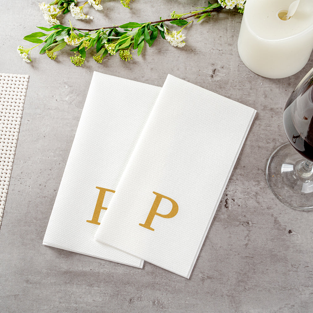 Luxenap Rectangle Gold Letter P White Paper Linen-Feel Guest Towel / Napkin - Air Laid, Sans Serif Font - 15 3/4" x 8" - 2000 count box