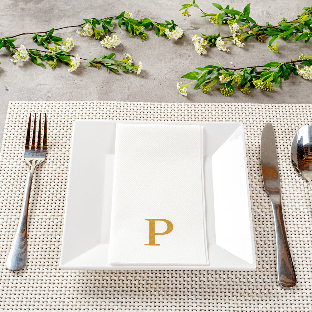 Luxenap Rectangle Gold Letter P White Paper Linen-Feel Guest Towel / Napkin - Air Laid, Sans Serif Font - 15 3/4" x 8" - 2000 count box