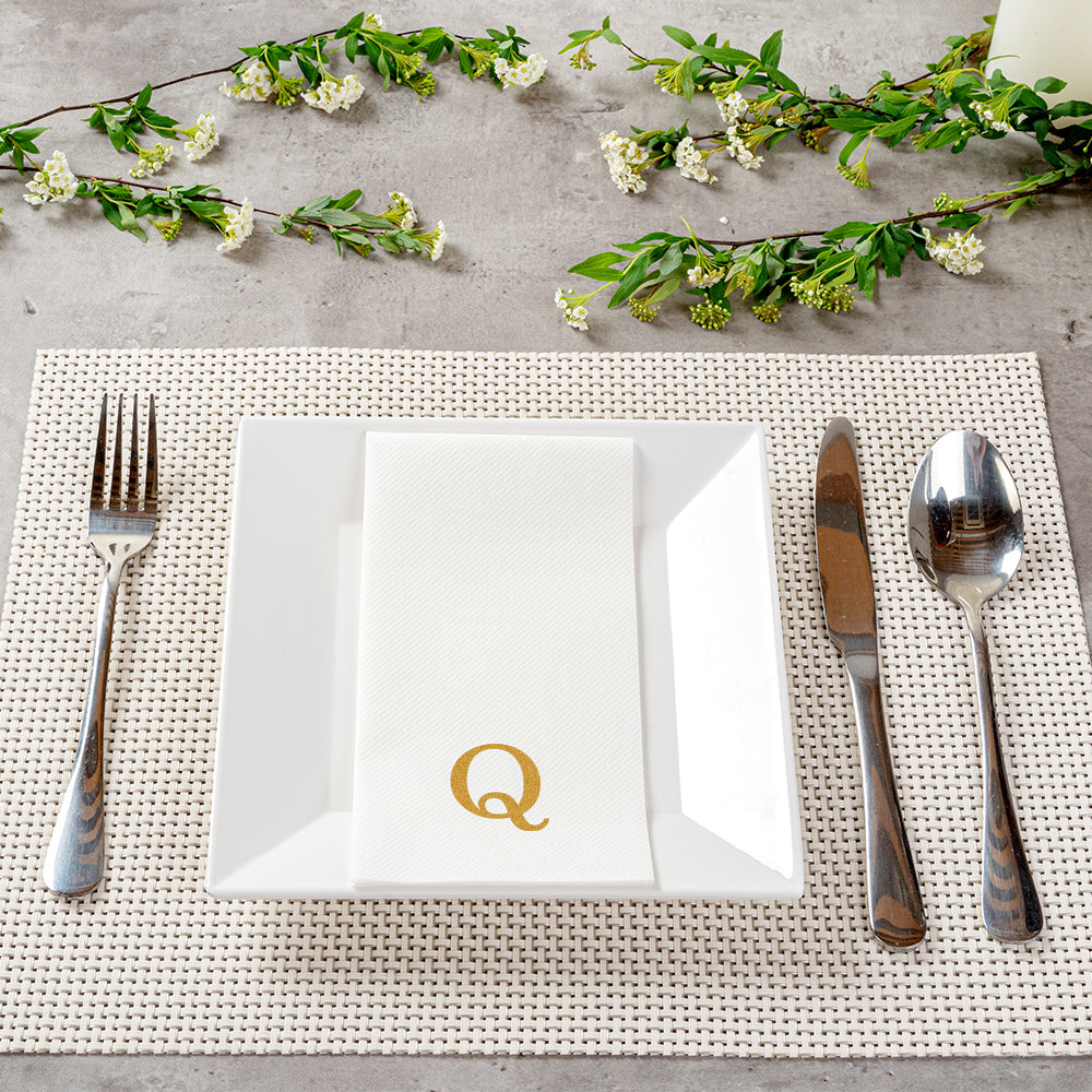Luxenap Rectangle Gold Letter Q White Paper Linen-Feel Guest Towel / Napkin - Air Laid, Sans Serif Font - 15 3/4" x 8" - 50 count box