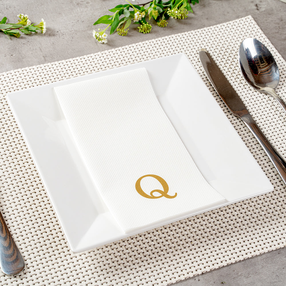 Luxenap Rectangle Gold Letter Q White Paper Linen-Feel Guest Towel / Napkin - Air Laid, Sans Serif Font - 15 3/4" x 8" - 50 count box
