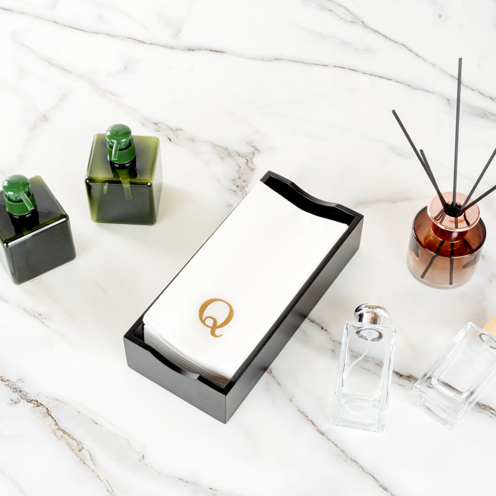 Luxenap Rectangle Gold Letter Q White Paper Linen-Feel Guest Towel / Napkin - Air Laid, Sans Serif Font - 15 3/4" x 8" - 50 count box