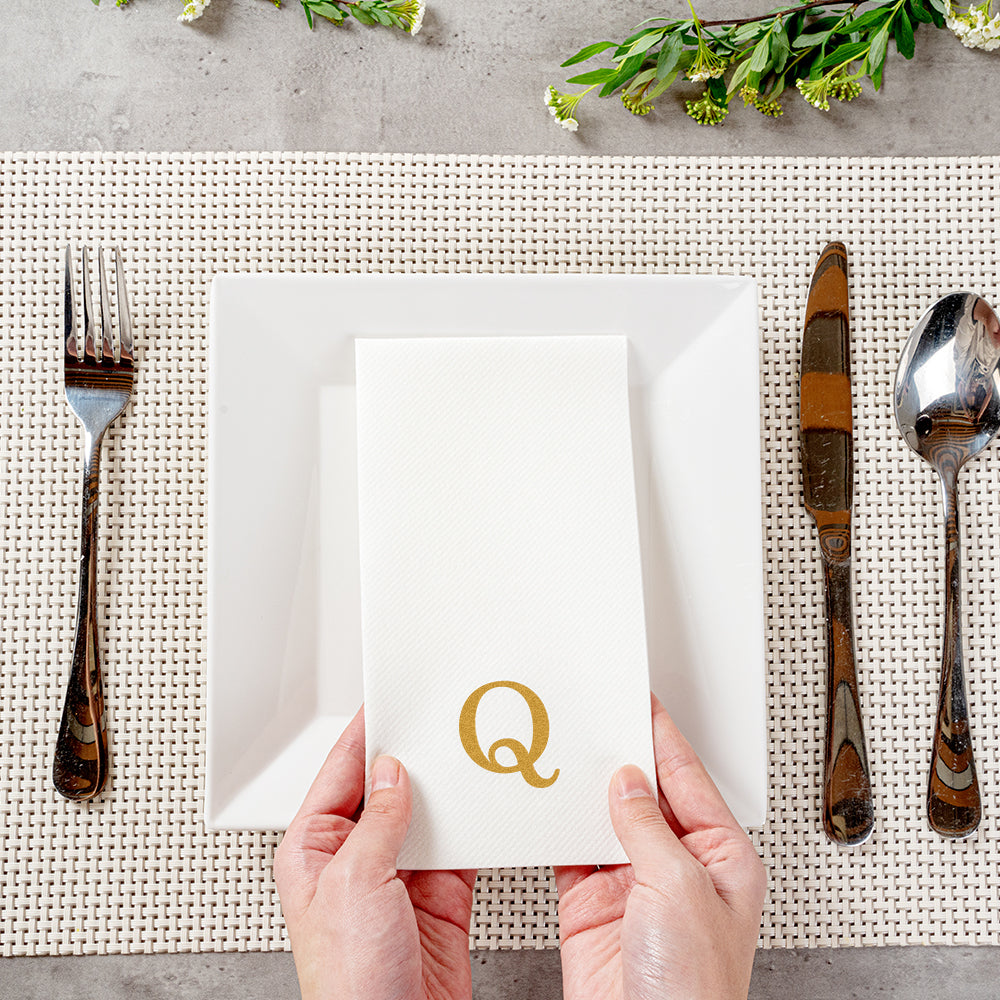 Luxenap Rectangle Gold Letter Q White Paper Linen-Feel Guest Towel / Napkin - Air Laid, Sans Serif Font - 15 3/4" x 8" - 2000 count box