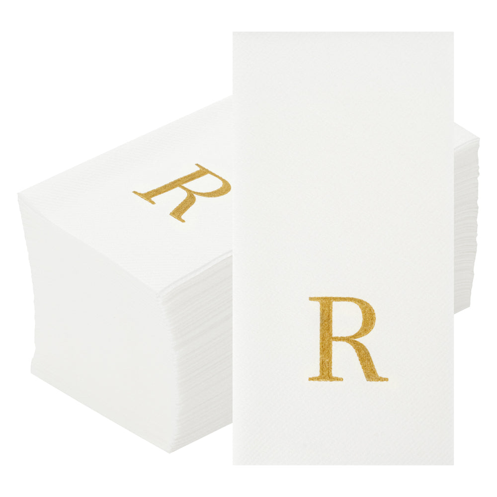 Luxenap Rectangle Gold Letter R White Paper Linen-Feel Guest Towel / Napkin - Air Laid, Sans Serif Font - 15 3/4" x 8" - 50 count box