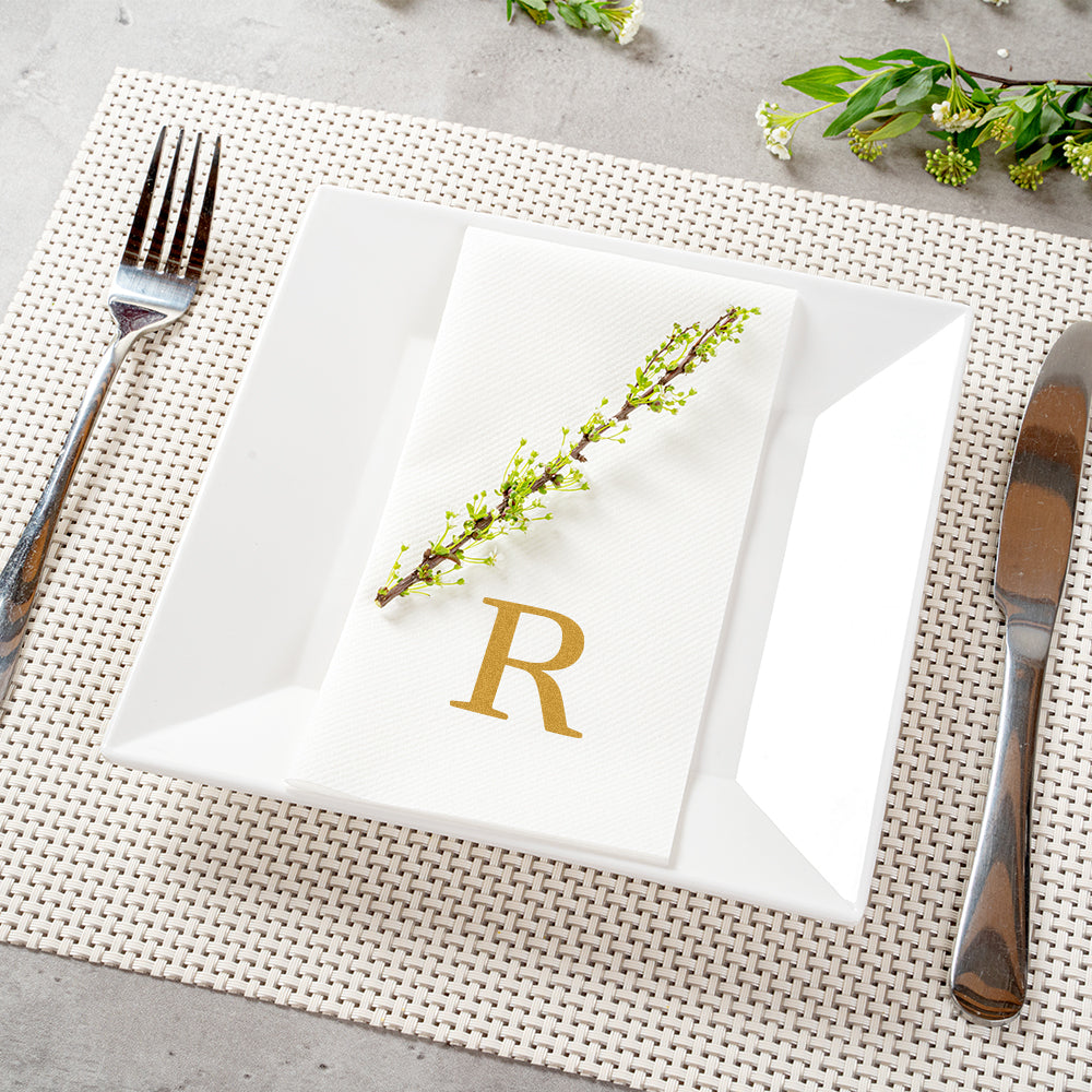 Luxenap Rectangle Gold Letter R White Paper Linen-Feel Guest Towel / Napkin - Air Laid, Sans Serif Font - 15 3/4" x 8" - 50 count box
